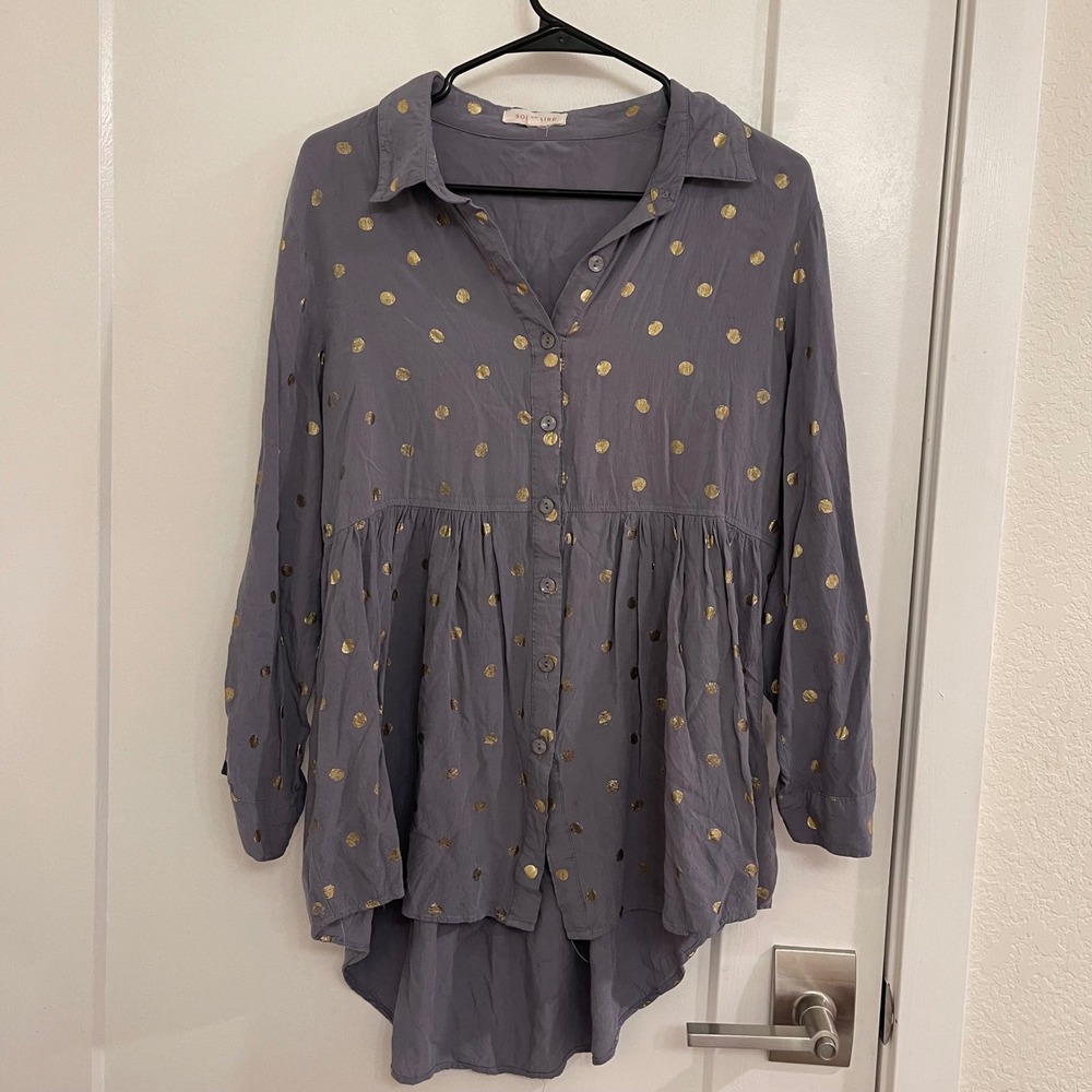 Solitaire Gold Polka Dot Gray Button Up Blouse Holiday Whimsey